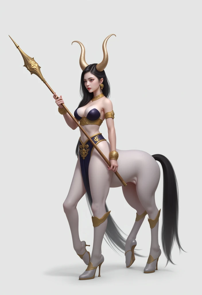 masterpiece,(Best quality:1.3),Centaur girl,lora:Centaur girlV1.0:0.6,(Icefield:1.3),(Head and body 1:9:1.3)Nine-head body,Holding a long weapon,Ancient mythology character Erlang Shen costume,(cos Jiro God)(Refer to Jiao Enjun's Erlang Shen costume)(Golden pattern kneepads,Elbow pads,Wristband,Golden Boot,)(Golden pattern saddle)Horse's body full of golden ancient Chinese armor,Golden headdress,Elegant, beautiful and elegant,All four legs are the same thickness,Ancient Chinese warframe,Mythological Characters Costumes,Background of the picture: Ancient Chinese Heavenly Palace,Mythology Background,Luck is surrounded by colorful clouds,Smooth skin,Black Hair,Perfect facial features,Full breasts,(Leather belt bracelet neck: 1.4),(White crystal high heels: 1.6),Fair and translucent skin,Pale skin,Peach-like skin,The milky white porcelain skin of the eggs
