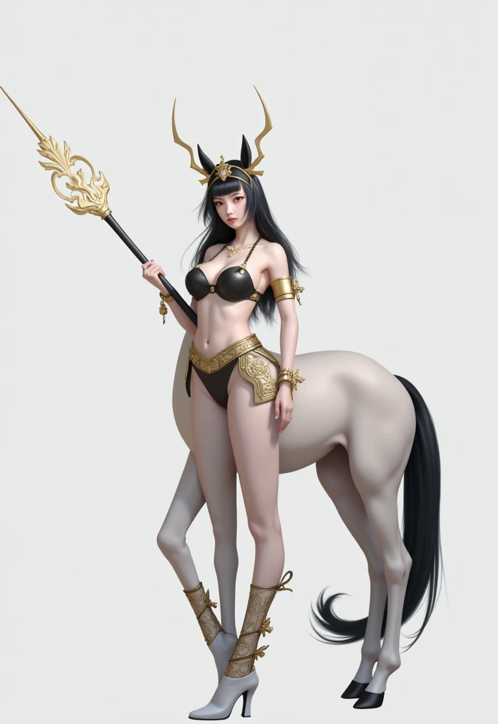 masterpiece,(Best quality:1.3),Centaur girl,lora:Centaur girlV1.0:0.6,(Icefield:1.3),(Head and body 1:9:1.3)Nine-head body,Holding a long weapon,Ancient mythology character Erlang Shen costume,(cos Jiro God)(Refer to Jiao Enjun's Erlang Shen costume)(Golden pattern kneepads,Elbow pads,Wristband,Golden Boot,)(Golden pattern saddle)Horse's body full of golden ancient Chinese armor,Golden headdress,Elegant, beautiful and elegant,All four legs are the same thickness,Ancient Chinese warframe,Mythological Characters Costumes,Background of the picture: Ancient Chinese Heavenly Palace,Mythology Background,Luck is surrounded by colorful clouds,Smooth skin,Black Hair,Perfect facial features,Full breasts,(Leather belt bracelet neck: 1.4),(White crystal high heels: 1.6),Fair and translucent skin,Pale skin,Peach-like skin,The milky white porcelain skin of the eggs