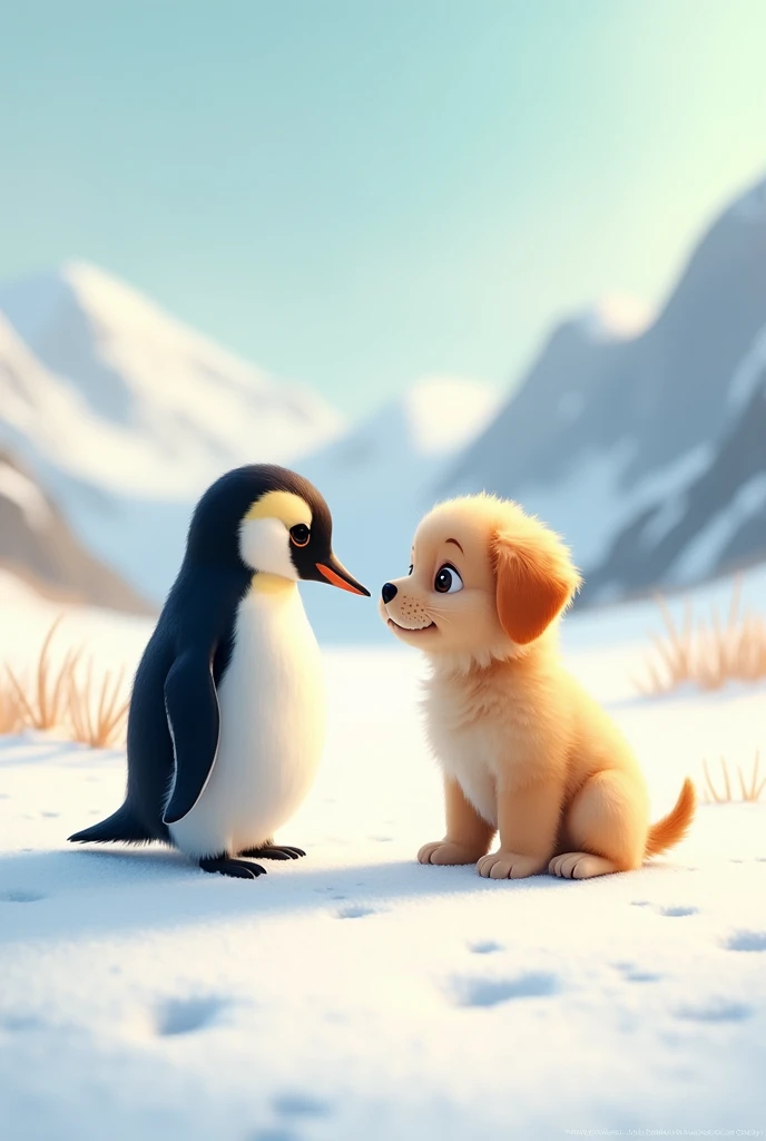 Puppy and penguin seeing face to face