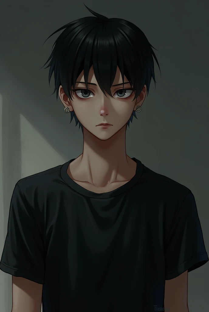 Here is a brief description of the character.:
"Serious 2 young man, tall and thin, with black hair and dark eyes that shine brightly. He wears a black T-shirt and looks ahead with an enigmatic expression., as if he was lost in his thoughts. His face is pale and angular., with defined features that give him an air of mystery and authority, book character