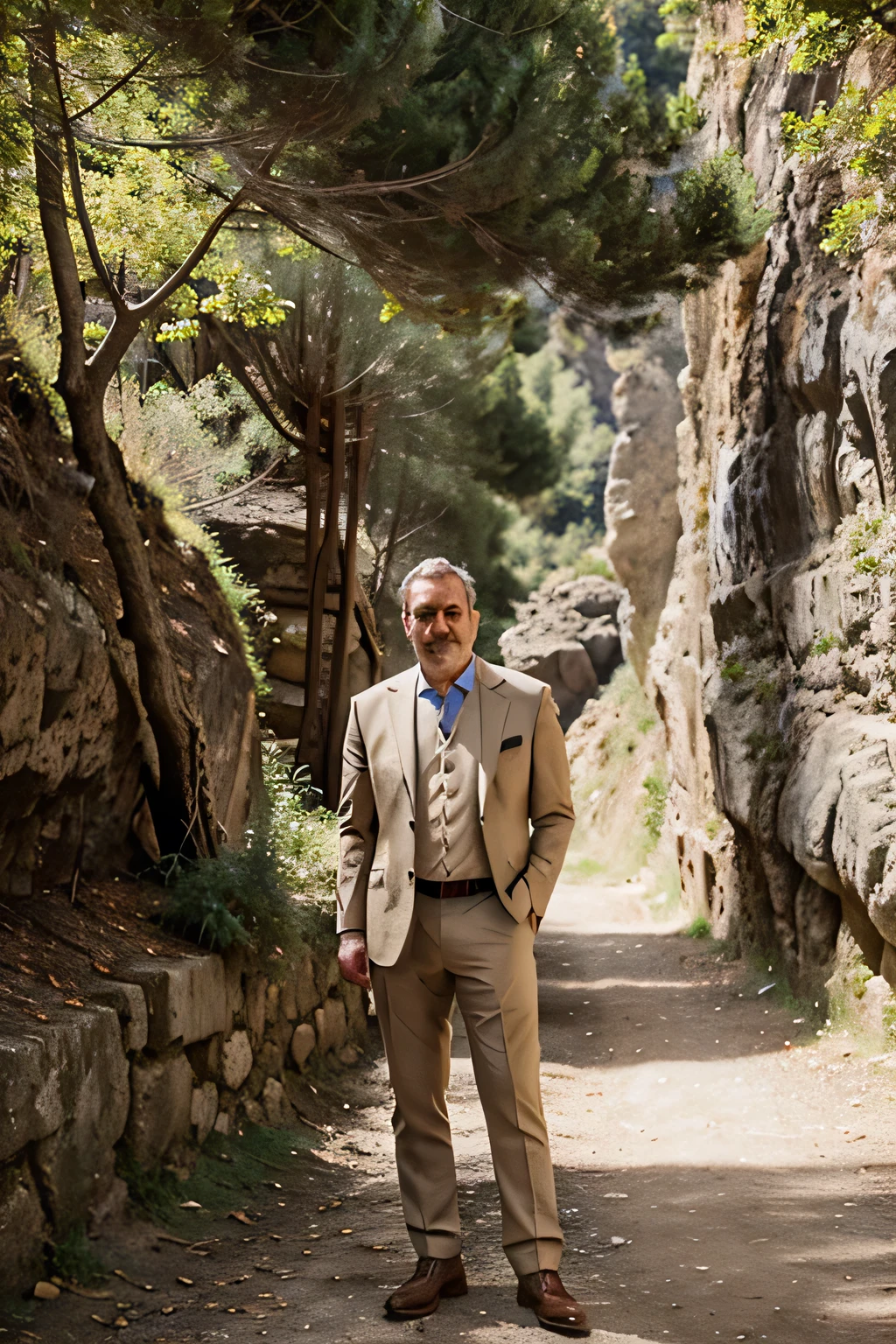 middle aged man, in a beige suit, upper body, under the tree, in a mountain gorge, during the day, bright colors, high quality