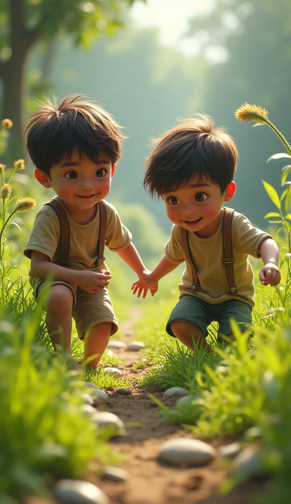 4k realistic, 2, boy, grass, nature, messy hair, short hair