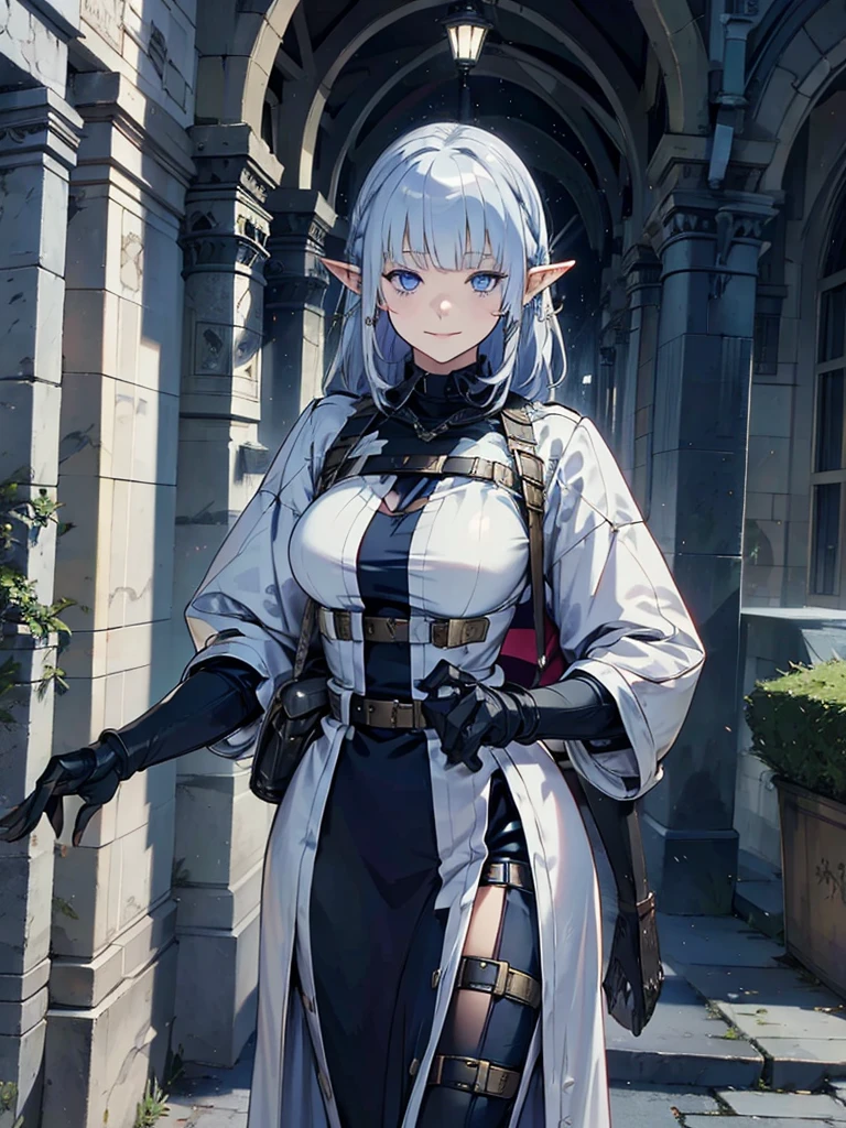 cathedral、Medieval streetscape,Wide Road、Pointed Ears、Elf、blue eyes、Silver Hair