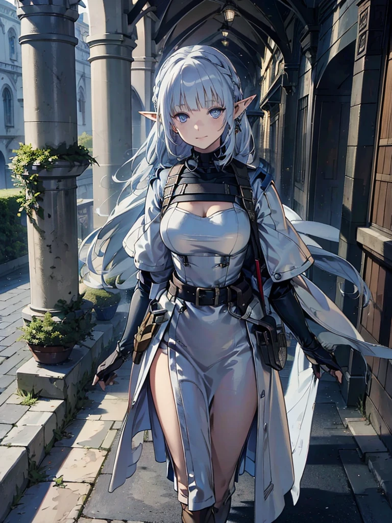 cathedral、Medieval streetscape,Wide Road、Pointed Ears、Elf、blue eyes、Silver Hair