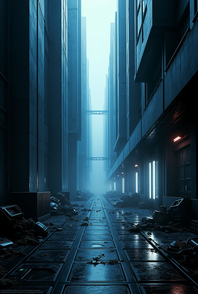 Scenery of a futuristic city alley in shades of black and blue without including any characters