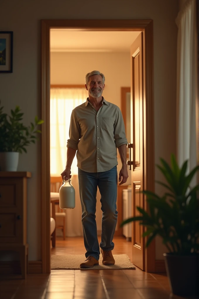 Generate an image of a dad carrying a jug of milk and he's at the door standing