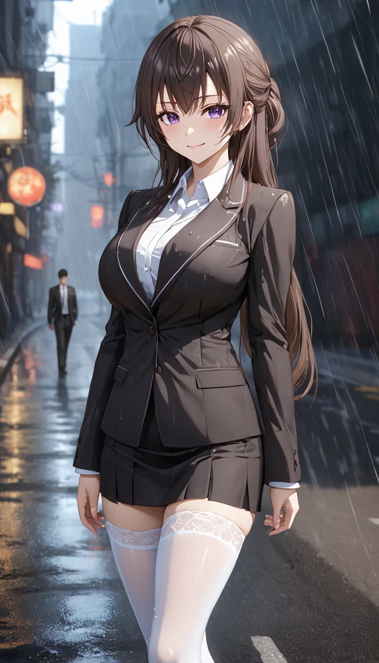 Detailed work, best quality, 2080p clarity, Realistic lighting and shadows, Anime, background, middle of the road, จากซีรีย์ Alya Sometimes Hides Her Feelings in Russian, Suou Yuki, long brown hair, purple eyes, ตาแบบAnime, Very large breasts, Wear a black suit, Tight short skirt, white stockings, smiling, Heavy rain