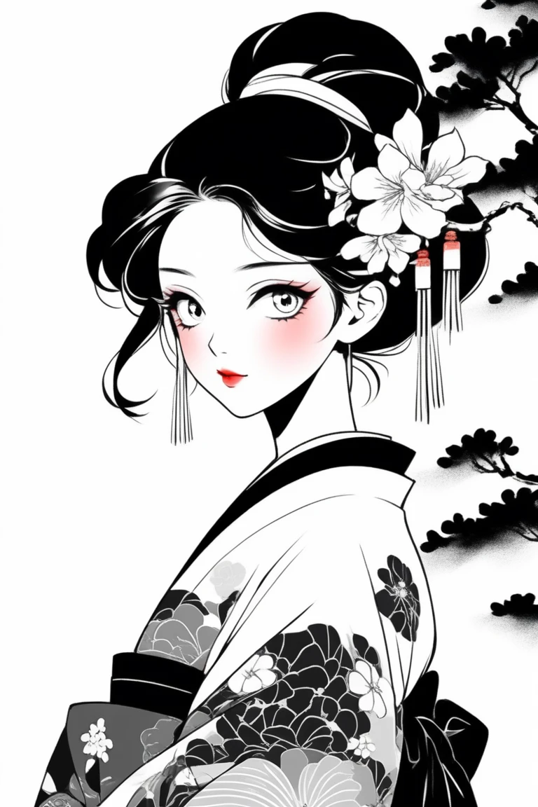 (best quality, sketch:1.2),Practical,ilustrador,Japanese cartoons,1 girl, Detailed lips, kimono,Entertainment, black and white gradient background,Neon hair,Texture cropping, masterpiece, The style is vintage, Deep Black