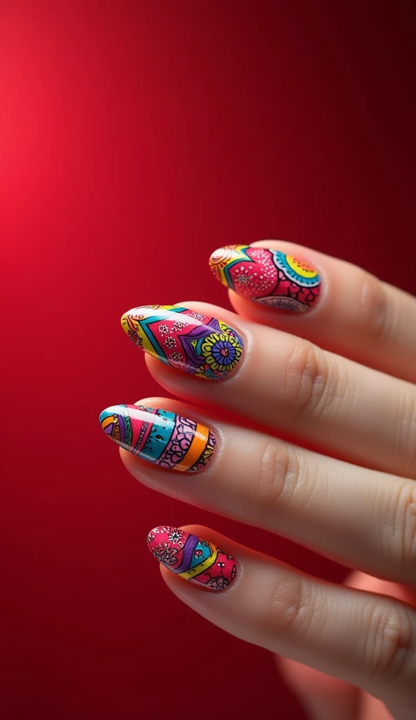 Create a colourful art style nail design in an oval shape nails with a red background with (realistic fingers) with perfect lighting