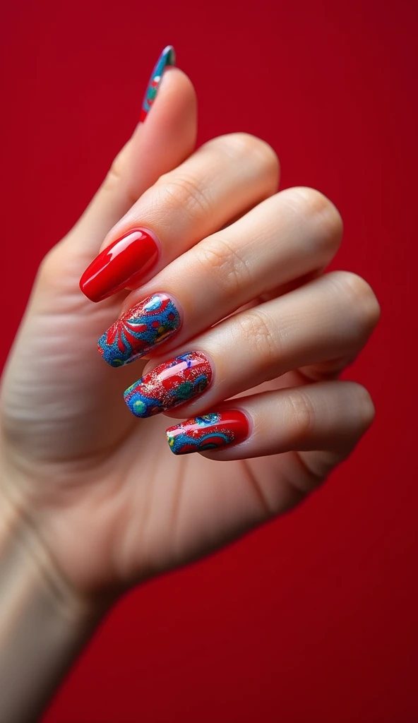 Create a colourful art style nail design in an oval shape nails with a red background with (realistic fingers) with perfect lighting 
