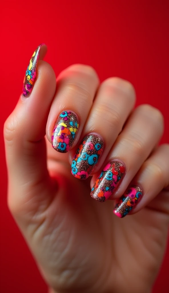 Create a colourful art style nail design in an oval shape nails with a red background with (realistic fingers) with perfect lighting 

