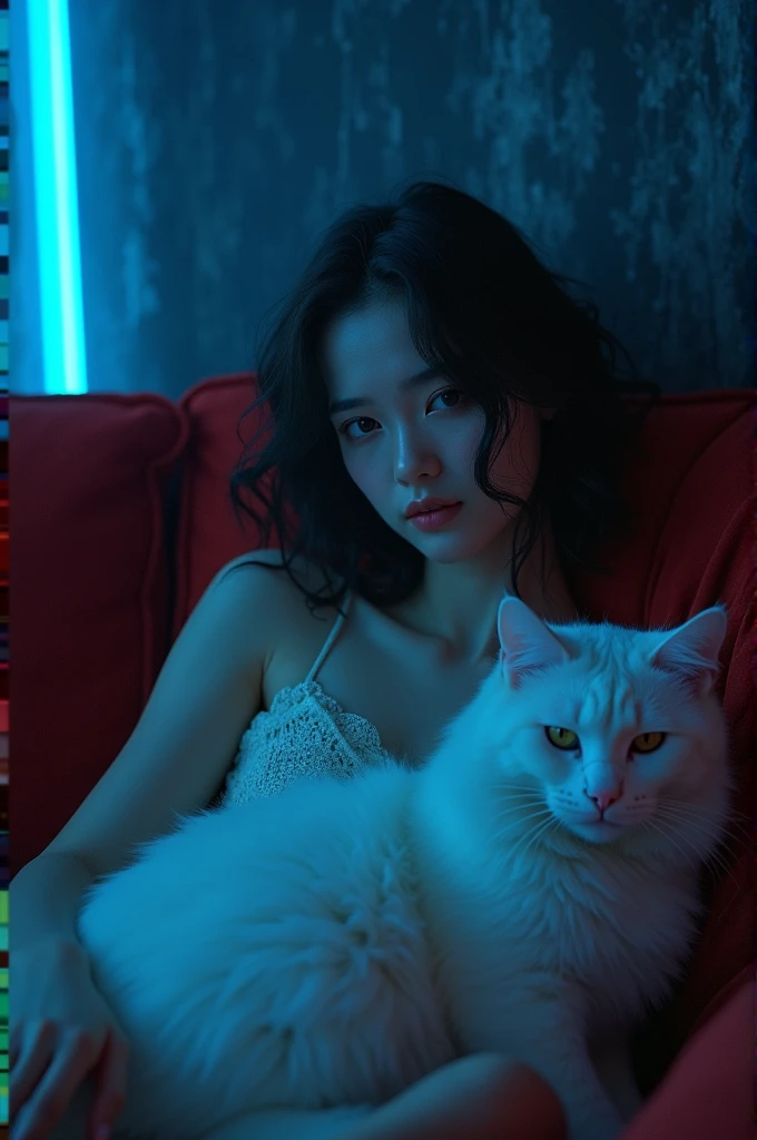 A girl sitting on dark red sofa beautiful white cat in her lap dark background with stormy weather with blue neon lights