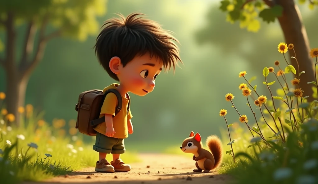 Boy image for YouTube video story in Pixar style, He is a little Alla Bester., He is the class leader., He is about to go out., Playful and curious about many things, short hair,he found a tiny squirrel stuck in a thorn bush