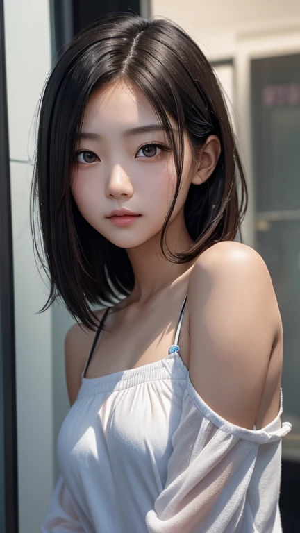 a girl who has short, beautiful shoulder-length hair and eyes that have the impression of a sharp gaze and has a cheeky and indifferent facial gesture、(body shot)