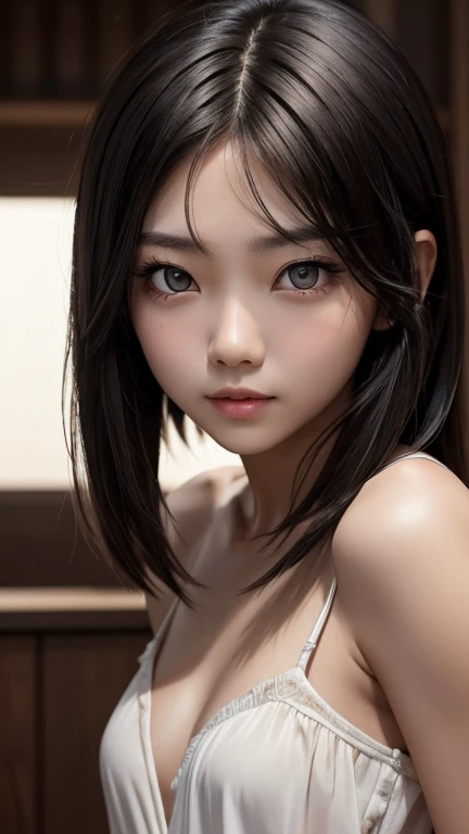 a girl who has short, beautiful shoulder-length hair and eyes that have the impression of a sharp gaze and has a cheeky and indifferent facial gesture、(body shot)