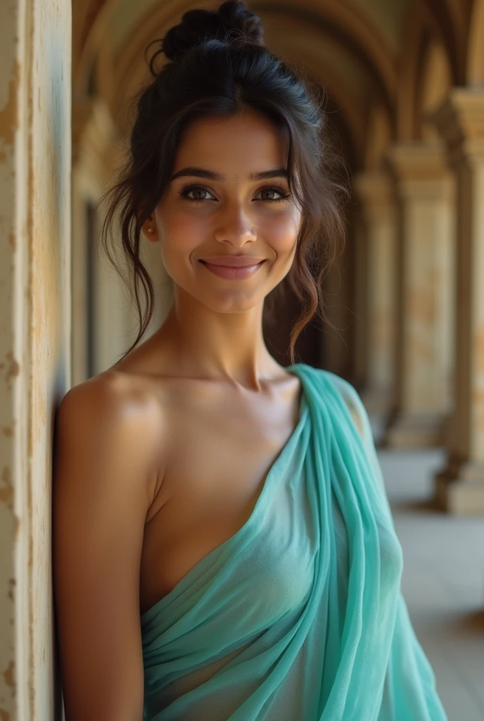 nudity、smile、Cowboy Shot、((Beautiful young Indian woman))、 , ((beautiful breasts )), pretty face, bright eyes, updo elegant hair, face detailed, 8k resolution, Nipples are visible、 ((no blouse, no bra)), ( thin cyan saree tightly draped sliding below shoulder), saree pulled down to partially expose breast, (no blouse), (no bra), Beautiful and majestic palace、((Delicate photo)),(Girl Astepeace RAW Photo Details:1.25), (Highest quality:1.6), (Ultra-high resolution:1.5), (Realistic:1.75), 8K resolution, Canon EOS R5, 50mm, Absurd, Very detailed,Cinema Lighting、