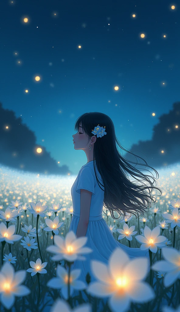  human girl, night time, fireflies, girl in the middle of the white plumeria field, Sparkle, Silhouette, Accurate, Masterpiece, High Resolution,Hair Ornament, POV,myth, anime, Bloom, Hair Ornament, Hair Flower, Long Hair, Hair Between Eyes, Closed Eyes, Earrings, Depth Of Field, Feet Out Of Frame, wallpaper, landscape, painting style