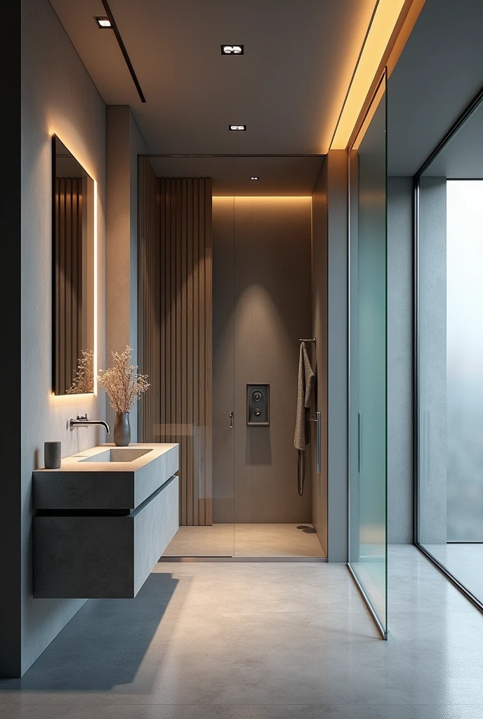 bathroom modern, ultra-realistic , 8k, ultra realistic render , 4K , photo realist , glass box up to the ceiling , metal therefore , matte gray floor , stone countertop , small window with frosted glass , moderno , luxurious , a hanging vase , wood panel , wide perspective ,