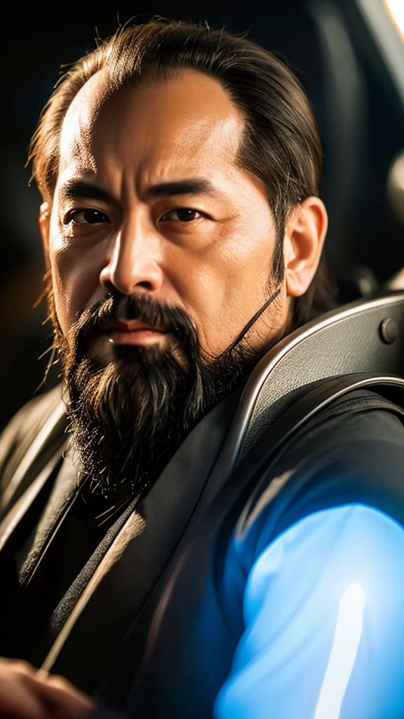 Confucius, is sitting. The face is clearly visible in close-up, you can see all the details, he teaches, background futuristic , light and bright tones