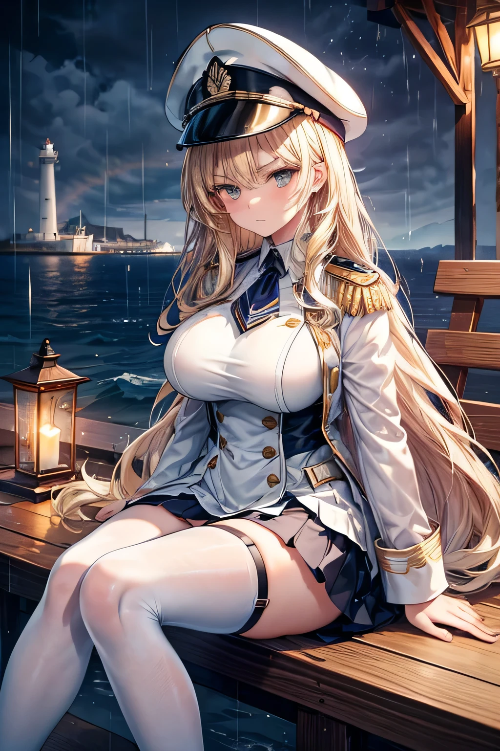 masterpiece, high quality, A beautiful woman sitting next to a lighthouse, Long hair, wavy hair, blonde hair, amber eyes, serious face, big breasts, juicy breasts, white naval military uniform, short skirt, white stockings with straps, boonie hat, bottom of a pier in the rain