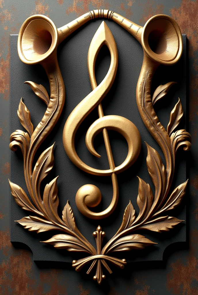 Coat of arms of the Macal Marching Band, with treble clef, sax and trumpet and trombone in 3d