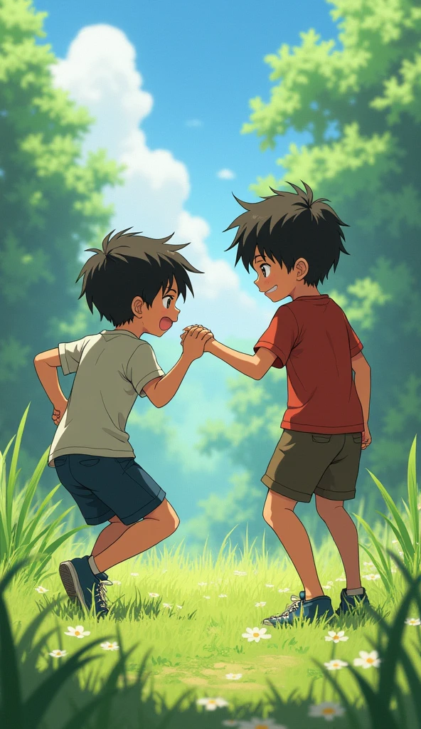 4k realistic, 2, boy, grass, nature, messy hair, short hair, anime style