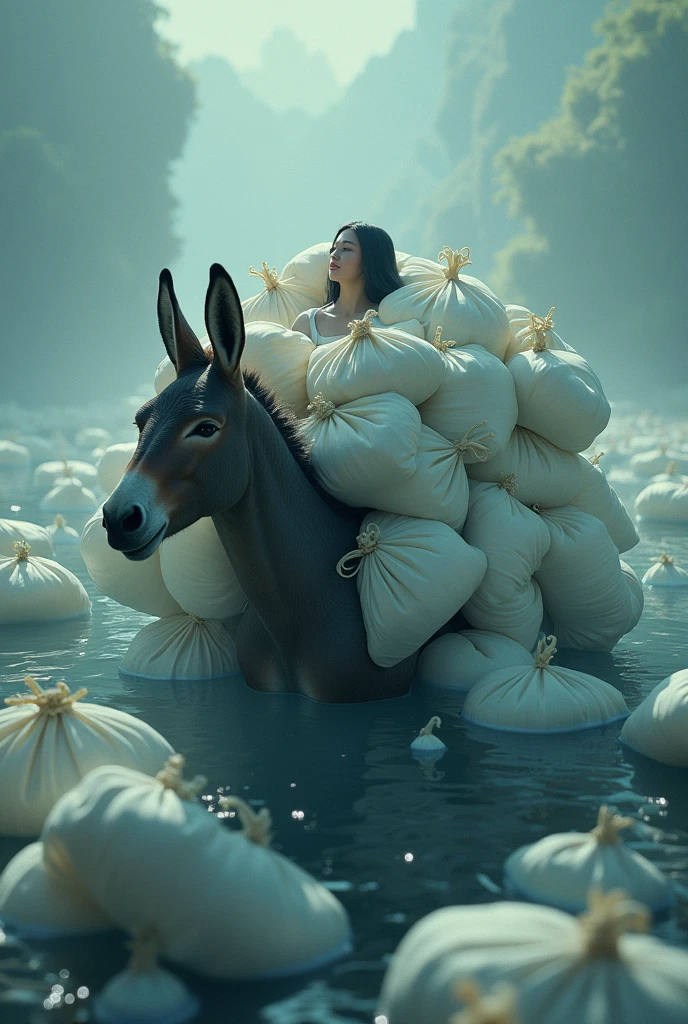 I am floating in many sacks of water on the donkey's back with only my head sticking out