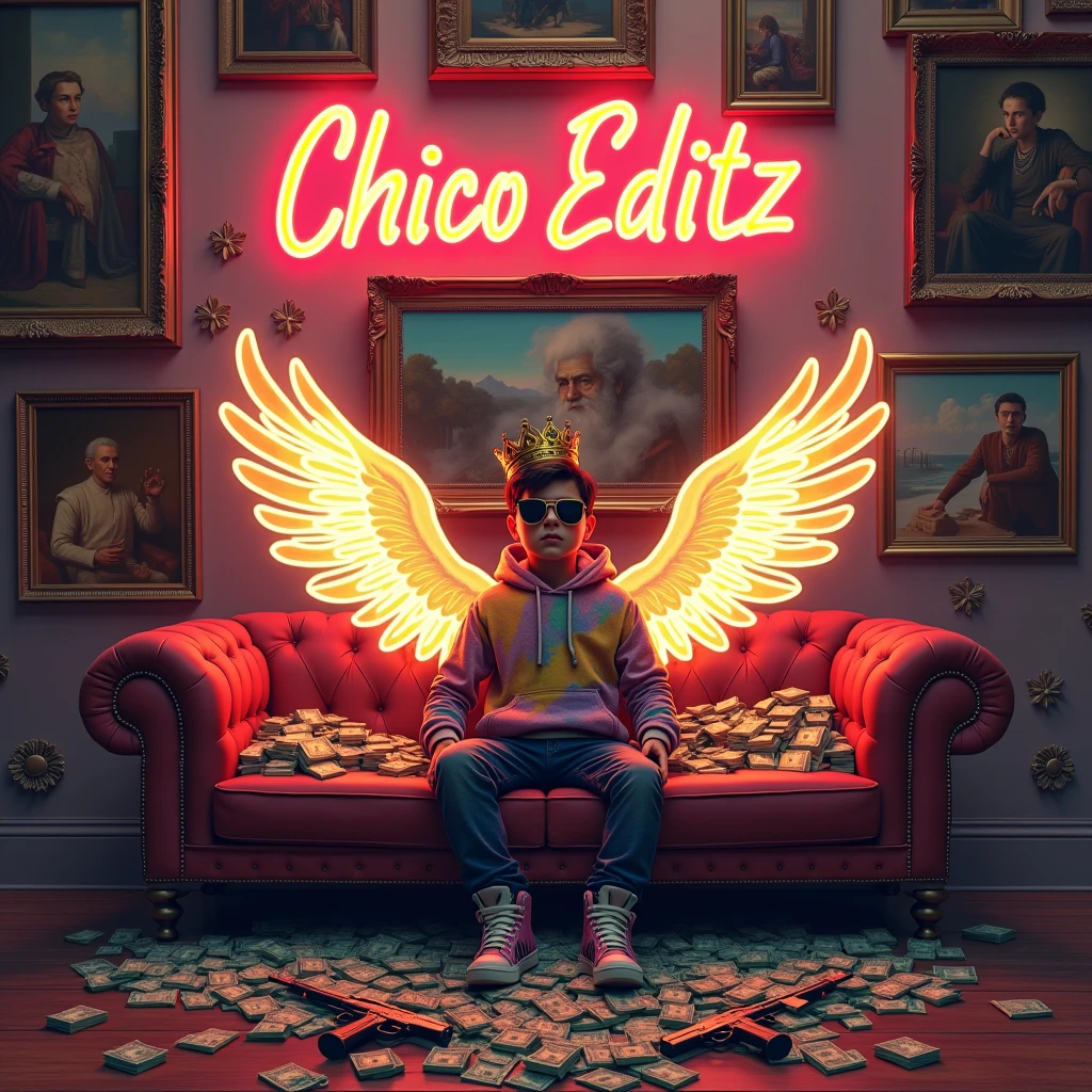 Create a realistic image where a boy sitting on a sofa with glowing wings, there are many cash and gold on sofa with guns. At wall there are many luxury paintings and one big painting in middle. Character is wearing a huddie with sunglasses 🕶️,huddie in mix colour and half pant with Jordan air shoe , his hands on top of that sofa and a crown at the top of his head. In background "CHICO EDITZ" is written with neon and bold glowing effects which is just above the sofa
