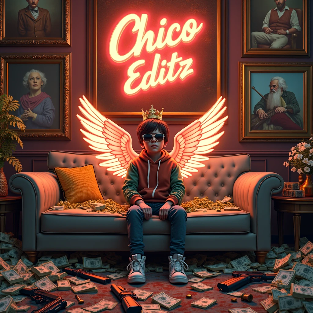 Create a realistic image where a boy sitting on a sofa with glowing wings, there are many cash and gold on sofa with guns. At wall there are many luxury paintings and one big painting in middle. Character is wearing a huddie with sunglasses 🕶️,huddie in mix colour and half pant with Jordan air shoe , his hands on top of that sofa and a crown at the top of his head. In background "CHICO EDITZ" is written with neon and bold glowing effects which is just above the sofa