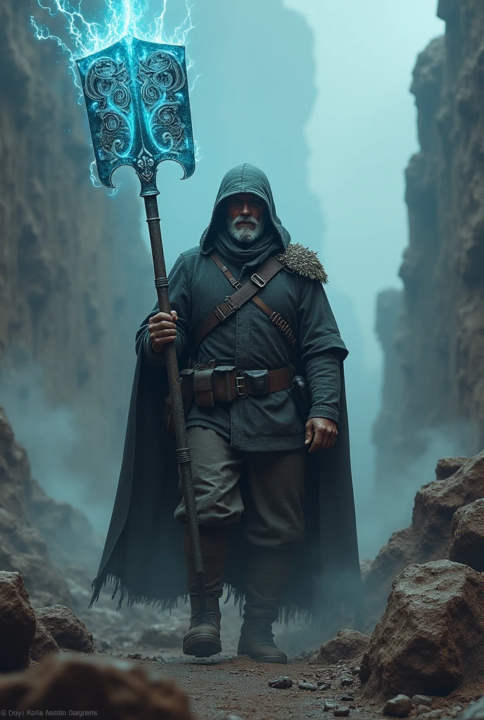 Deathkorps of Krieg soldier with shovel in hand, but the shovel is depicted as an energy weapon, glowing blue like a plasma weapon , in style like First World War