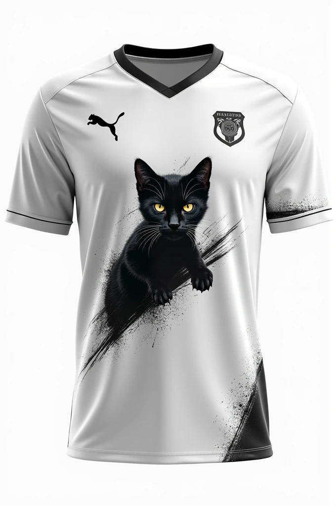 Make the best white interclass jersey, with a small black wild pampas pampas cat that scares opponents, and Make black scratch details on the shirt and in the upper left corner in the chest area place the puma symbol