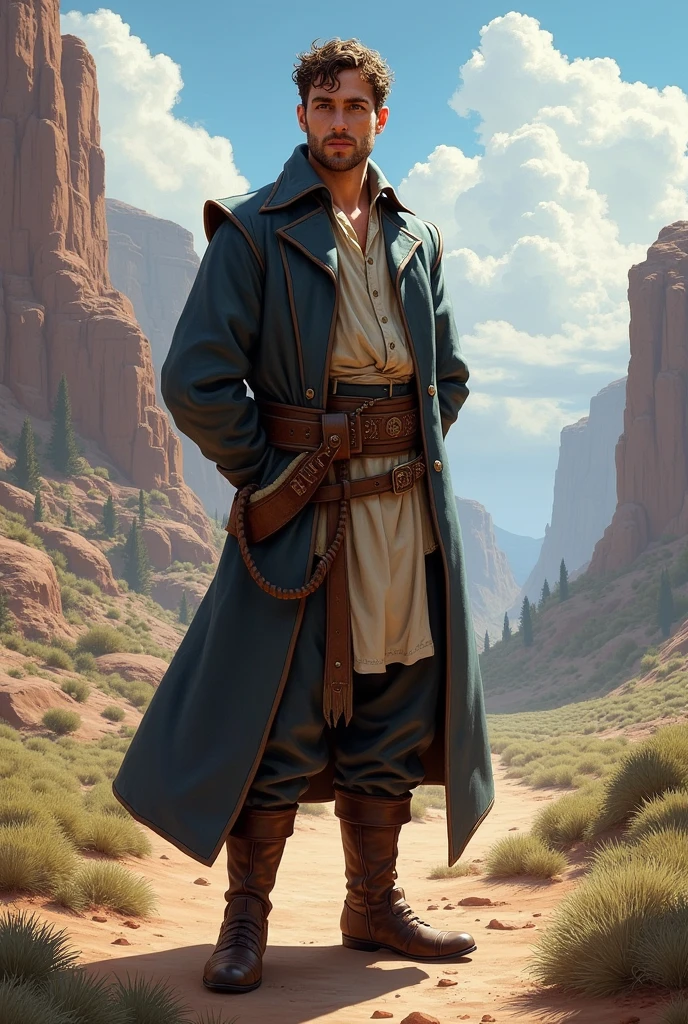 He has short, slightly curly brown hair and is clean-shaven with a clean-shaven face. He has one arm behind his back. He wears a graveyard priest outfit with a brown belt that holds a Bible on his hip and leather boots under his pants. He always appears to be visually positive, but is very protective of those he loves. The character is intended to be styled in a fantasy RPG art style and set in the Old West.