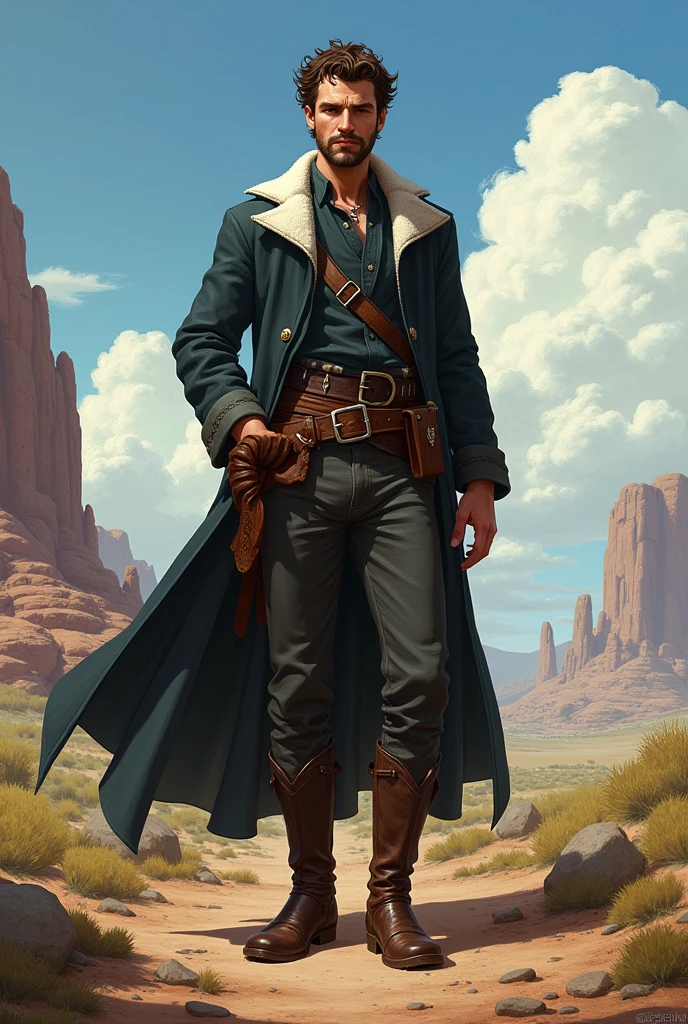 He has short, slightly curly brown hair and is clean-shaven with a clean-shaven face. He has one arm behind his back. He wears a graveyard priest outfit with a brown belt that holds a Bible on his hip and leather boots under his pants. He always appears to be visually positive, but is very protective of those he loves. The character is intended to be styled in a fantasy RPG art style and set in the Old West.