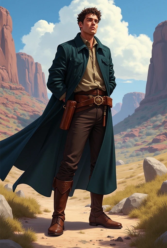 He has short, slightly curly brown hair and is clean-shaven with a clean-shaven face. He has one arm behind his back. He wears a graveyard priest outfit with a brown belt that holds a Bible on his hip and leather boots under his pants. He always appears to be visually positive, but is very protective of those he loves. The character is intended to be styled in a fantasy RPG art style and set in the Old West.