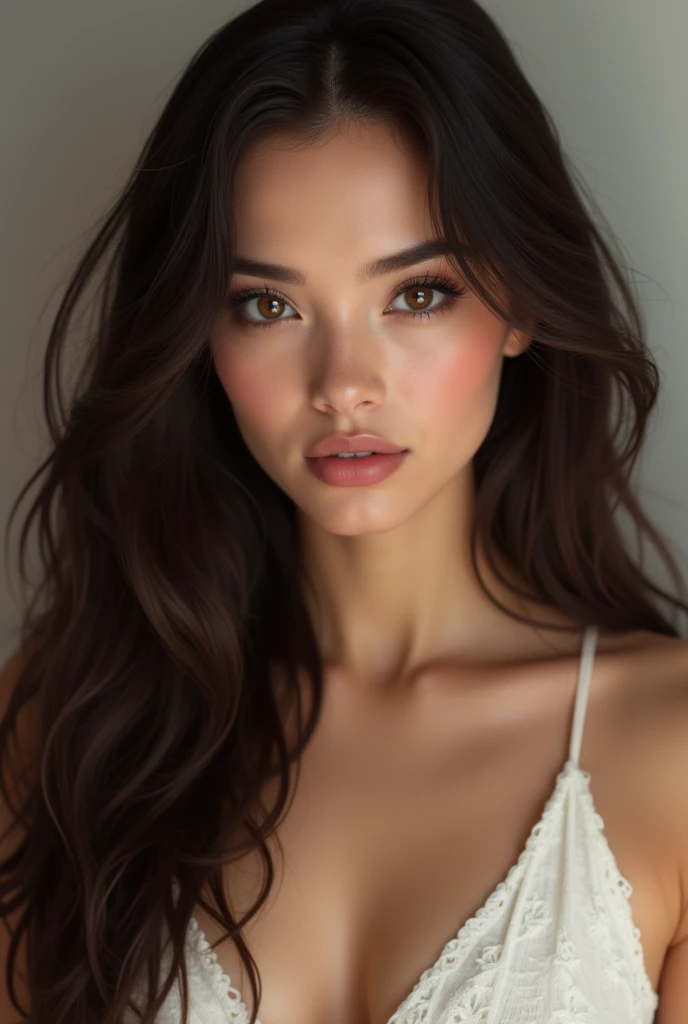 Femme brune cheveux long 23 ans très beau visage réaliste