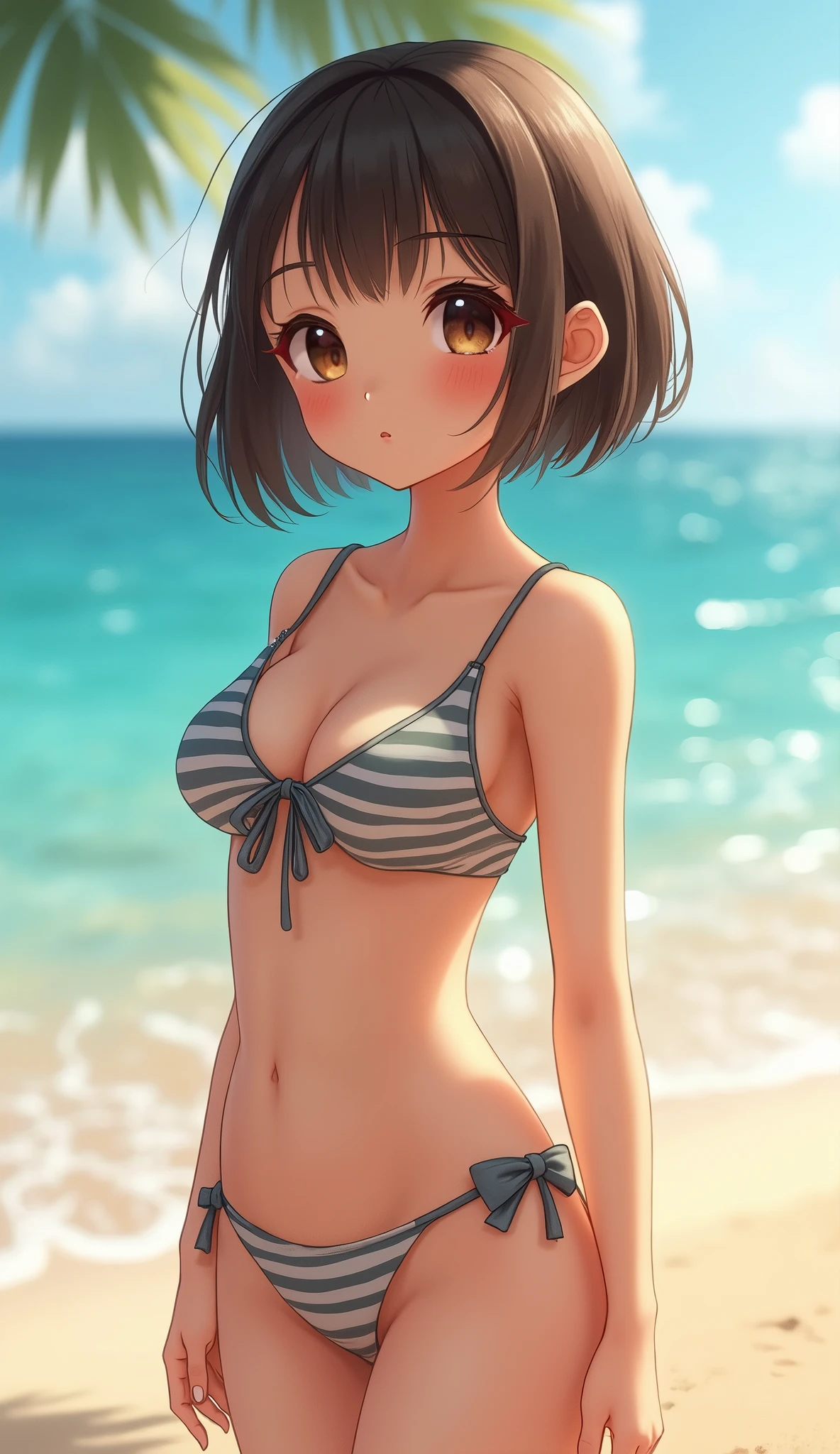 (best quality, masterpiece, ultra detailed, ultra high res, photorealistic, raw photo, absurdres, absolutely resolution), finely detailed hair texture, intricate cloth texture, anatomically accurate, golden ratio,
BREAK
(1 kawaii girl), ultra cute girl,
BREAK
super fucking beautiful detailed face, natural makeup, captivating detailed eyes, symmetric eyes, light brown eyes, double eyelids, thin eyebrows, glossy lips,
BREAK
short bob cut, dark brown hair, bangs,
BREAK
face waiting for kiss, blush,
BREAK
(generous cleavage, oversized Breasts:1.3), beautiful and perfect female form, elegant hands, highly detailed and realistic pale skin,
BREAK
Striped-micro bikini:1.3,
BREAK
Standing on the beach,
BREAK
sea, sandy beach, summer, sunny