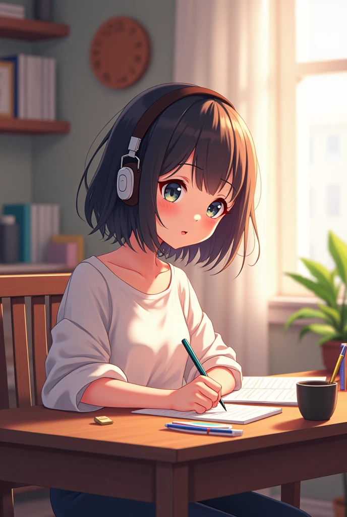 anime girl sitting at a desk with headphones on writing, anime style 4 k, digital anime illustration, digital anime art, anime style. 8k, anime moe artstyle, anime art wallpaper 4 k, anime art wallpaper 4k, anime style illustration, smooth anime cg art, detailed digital anime art, anime art wallpaper 8 k, realistic anime 3 d style