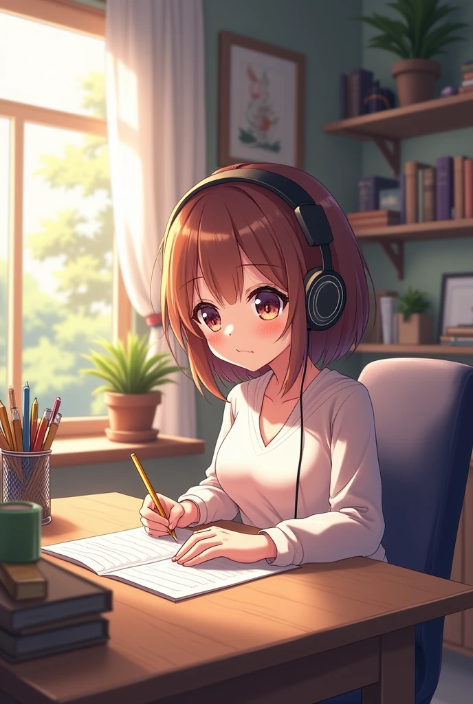 anime girl sitting at a desk with headphones on writing, anime style 4 k, digital anime illustration, digital anime art, anime style. 8k, anime moe artstyle, anime art wallpaper 4 k, anime art wallpaper 4k, anime style illustration, smooth anime cg art, detailed digital anime art, anime art wallpaper 8 k, realistic anime 3 d style