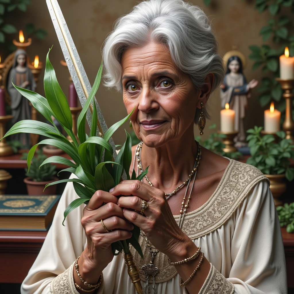 Create an ultra-realistic image of a traditional Brazilian healer woman, 60 years old dressed in exquisite clothes. She is performing a blessing ritual. safe plant sword of sao jorge. The healer with a bible on the table, with rue and basil, In your hands. His expression is serene and focused as he performs the ritual.. in the background candles, aromatic herbs, various saints, demonstrating energy and blessing, THE WOMAN HOLDS A PLANT THAT IS SHAPED LIKE A SWORD, BUT IT IS A LIVING PLANT,
