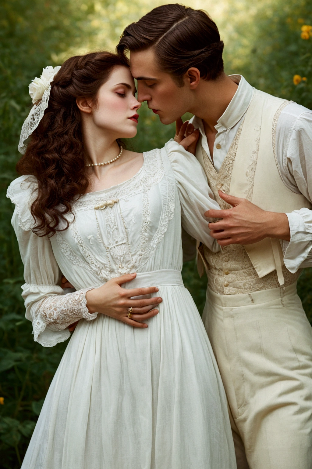 man and woman in white dress kissing, both wear Victorian clothes, Portrait of Edward and Bella, in Victorian dress, Retro vintage and romanticism, Tumblr, Old-fashioned, wear clothes from the 10s era, style 1 9 10 x, 1 9 2 0, 1 9 2 0 s, 1920s, wear Victorian clothes, oil painting, Drawn