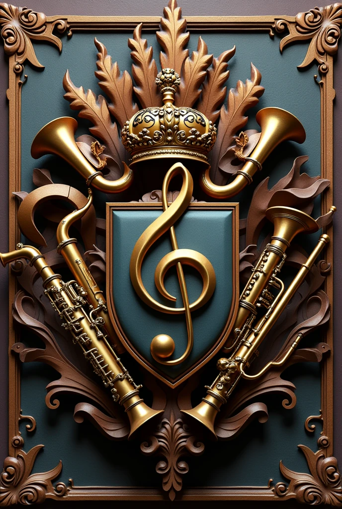 Coat of arms of the Macal Marching Band, with treble clef, sax and trumpet and trombone in 3d
