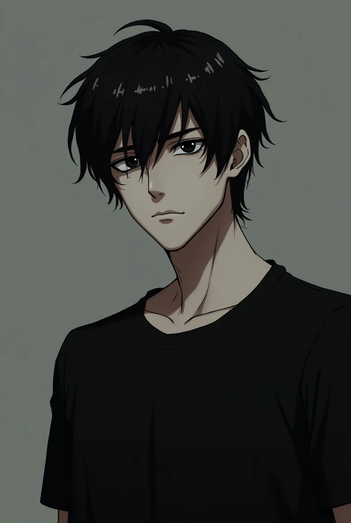 Here is a brief description of the character.:

"Serious 2 man, tall and thin, with black hair and dark eyes that shine brightly. He wears a black T-shirt and looks ahead with an enigmatic expression., as if he was lost in his thoughts. His face is pale and angular., with defined features that give him an air of mystery and authority, book character that you are looking at more closely 