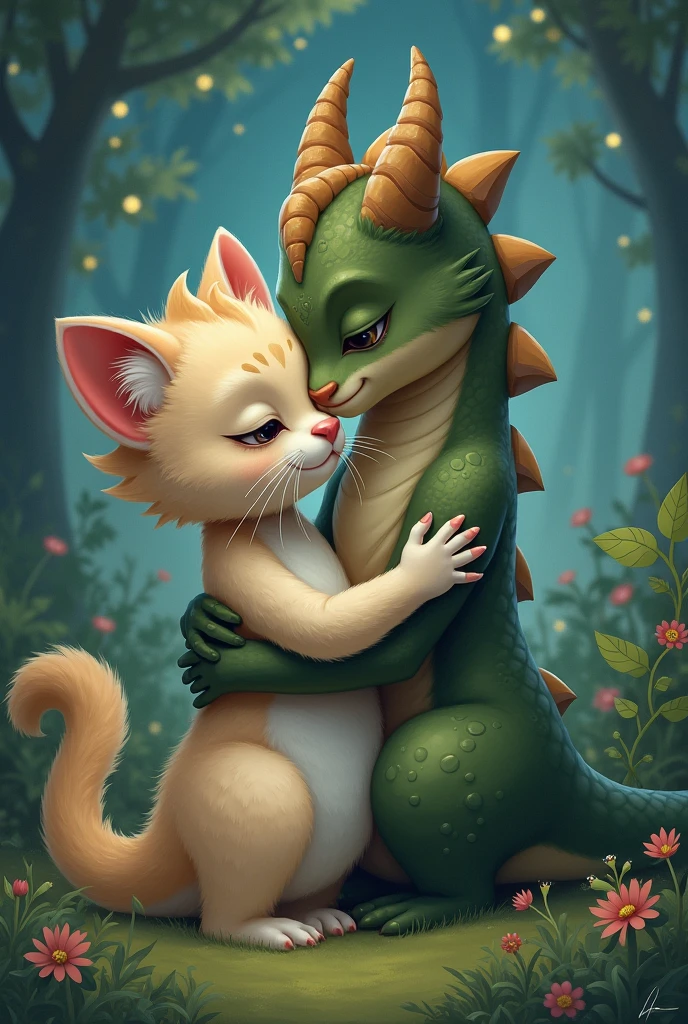 cat girl and a dragon boy hugging and cuddling