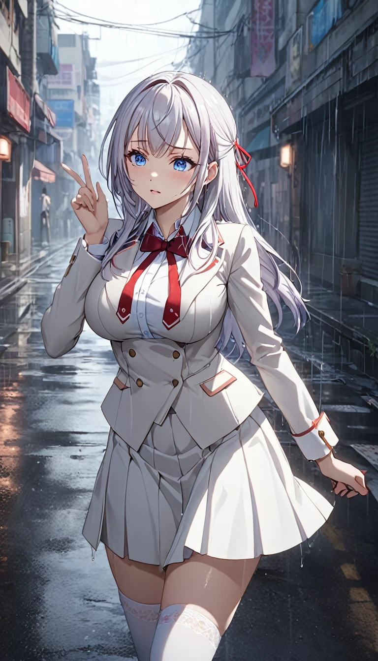 Detailed work, best quality, 2080p clarity, Realistic lighting and shadows, Anime, background, middle of the road, จากซีรีย์ Alya Sometimes Hides Her Feelings in Russian, Alisa Kujo, long white hair, I point up, Attach a red ribbon, blue eyes, ตาแบบAnime, Extra large breasts, Wearing a white suit., Very short white suit skirt, White Stockings, Heavy rain