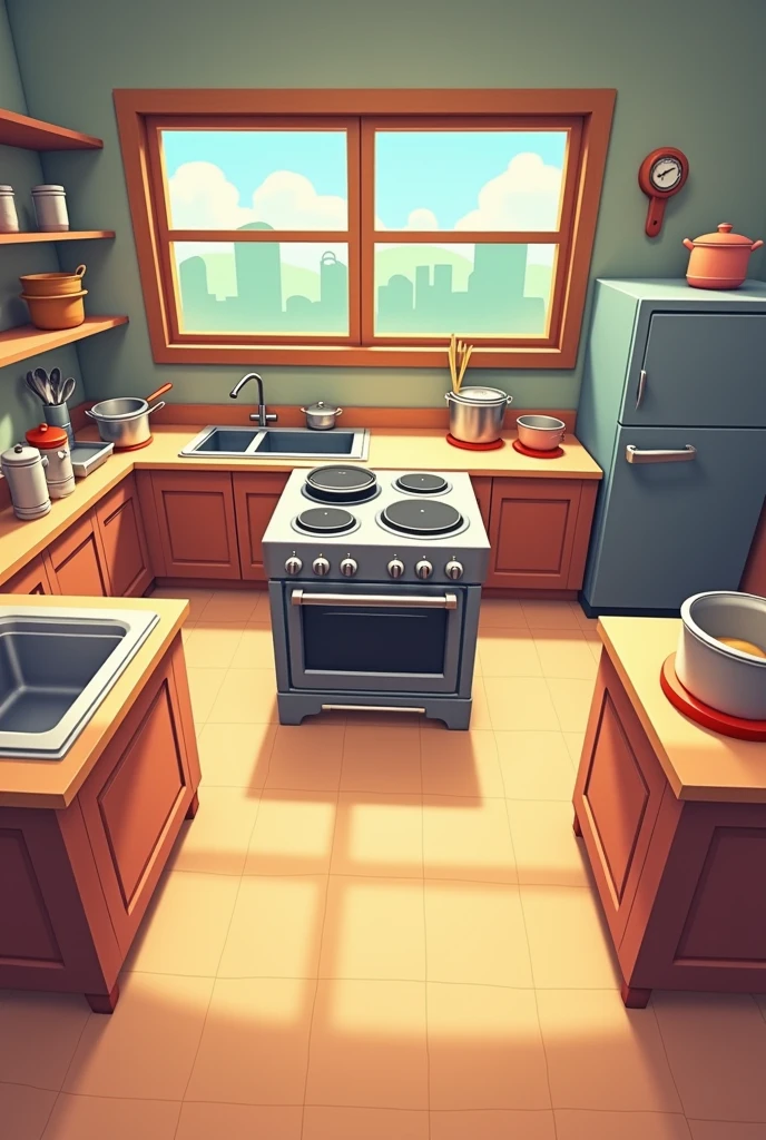 Can you ganarate me 2D picture from front 1 person view kitchen with stove in the middle with pans, on right of the stove a sink, on left of the stove an oven, next to an oven a table, next to a sink another stove and on it a pot? Interier something basic. Make it as like it was in styke papas games
