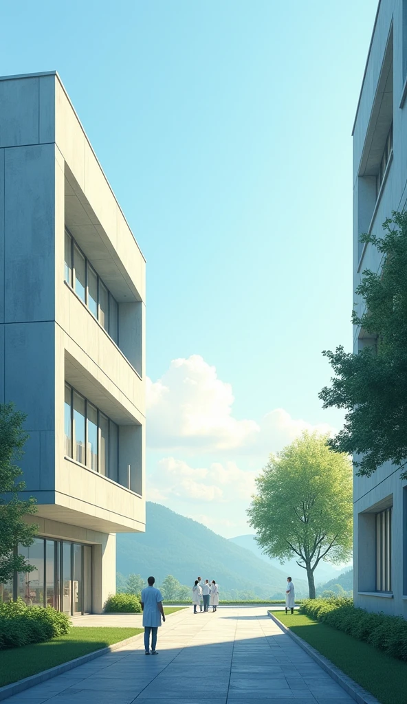 A hospital and in the distance you can see a tree.