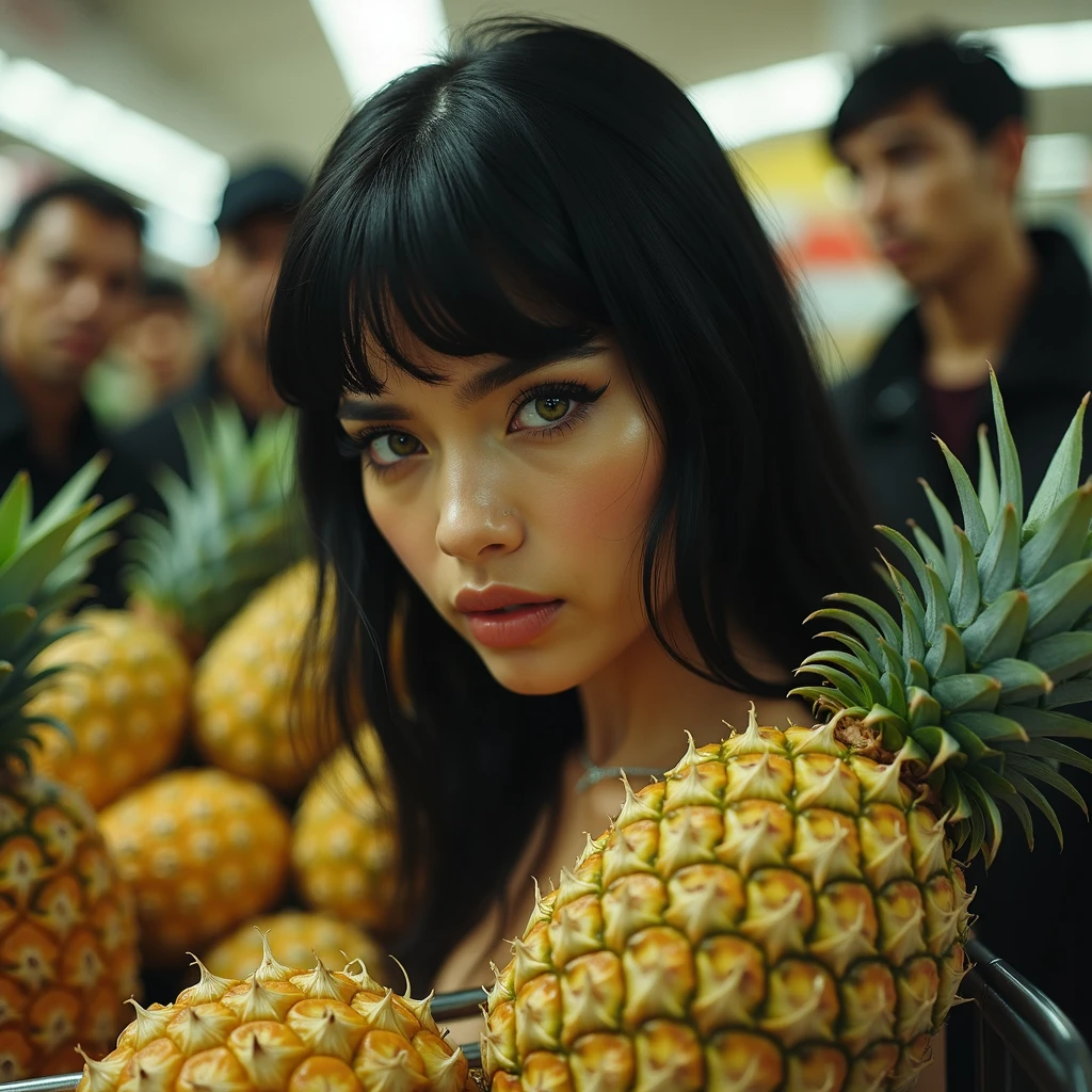 side view of a beautiful sexy serious face woman with green eyes and shiny black hair in the fruit section of a supermarket with a shopping cart filled to the brim with pineapples, Old men look at her and smile at her, provocative attitude, real image kodak ultra