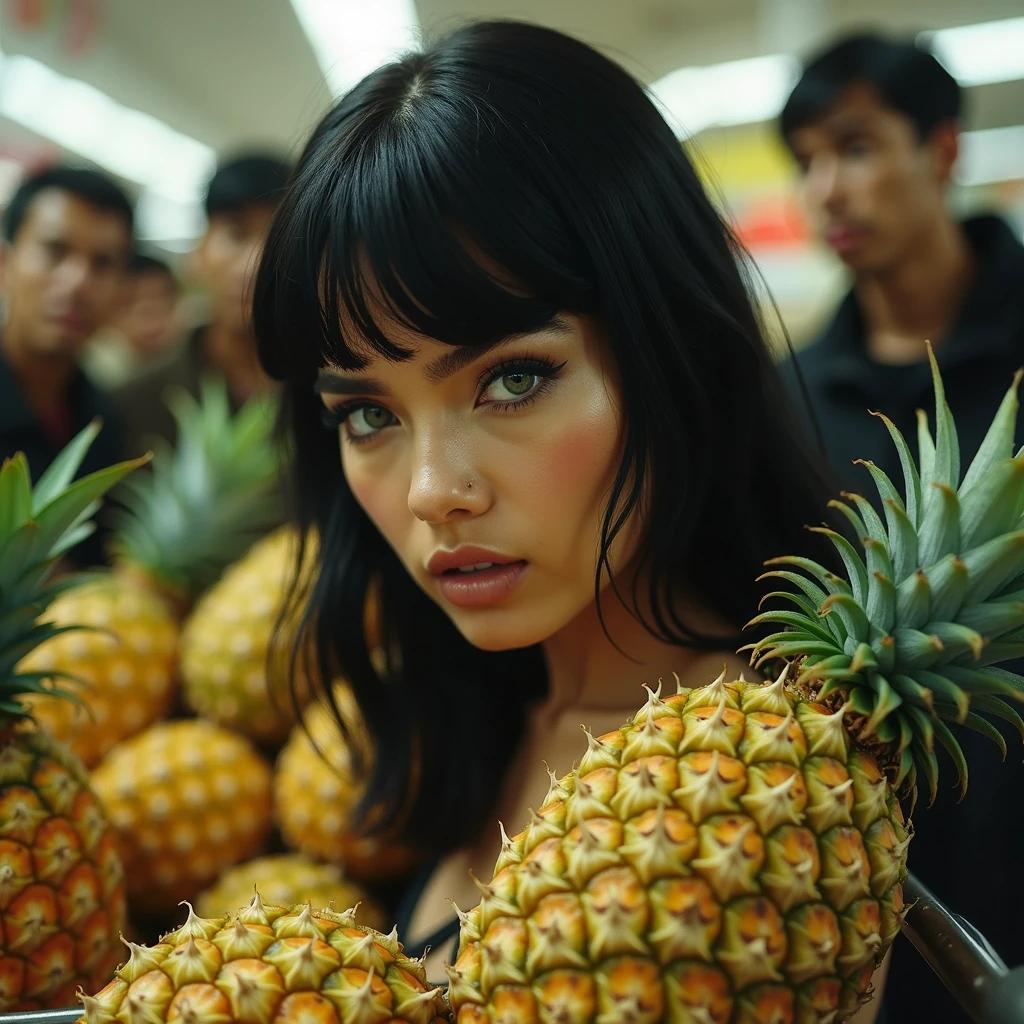 side view of a beautiful sexy serious face woman with green eyes and shiny black hair in the fruit section of a supermarket with a shopping cart filled to the brim with pineapples, Old men look at her and smile at her, provocative attitude, real image kodak ultra