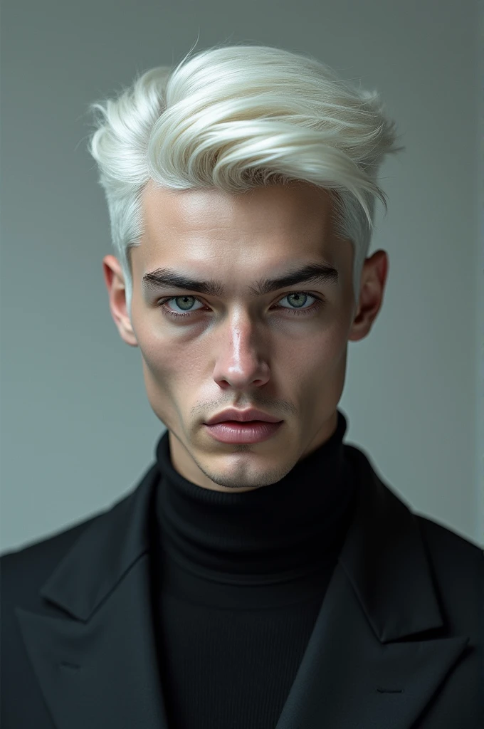 Je veux une image d'un homme d'environ 25 ans, grand fin la mâchoire carré, la peau très pâle le regard froid les yeux gris et les cheveux blond polaire tous coiffé en arrière