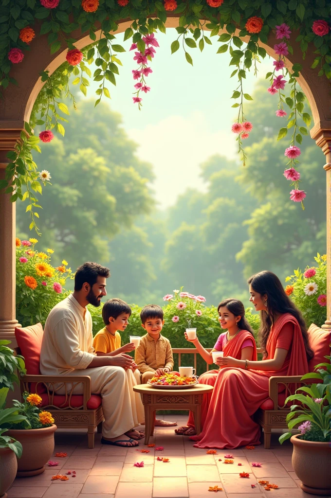 an indian family sitting on terrace drinking tea and feeling relaxed the terrace is full of flowers and plants